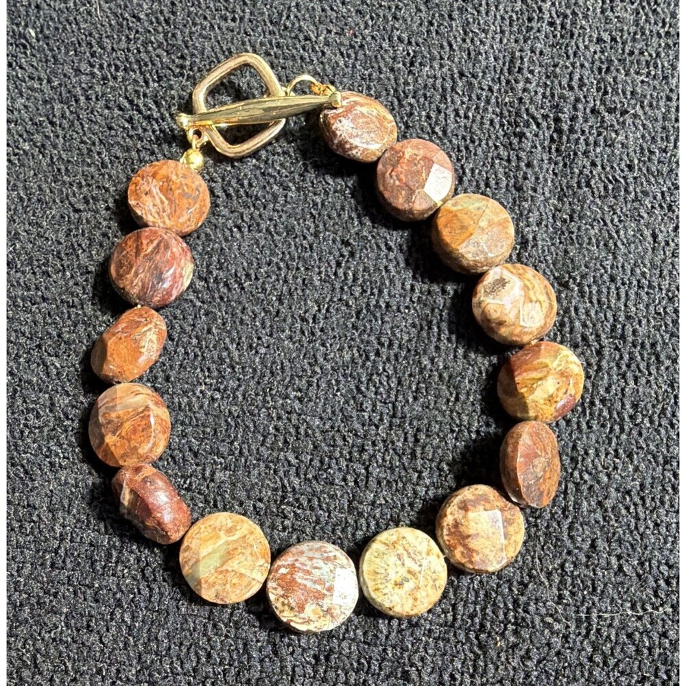 Brown Beige Jasper Stone Round Beaded Bracelet Toggle Clasp